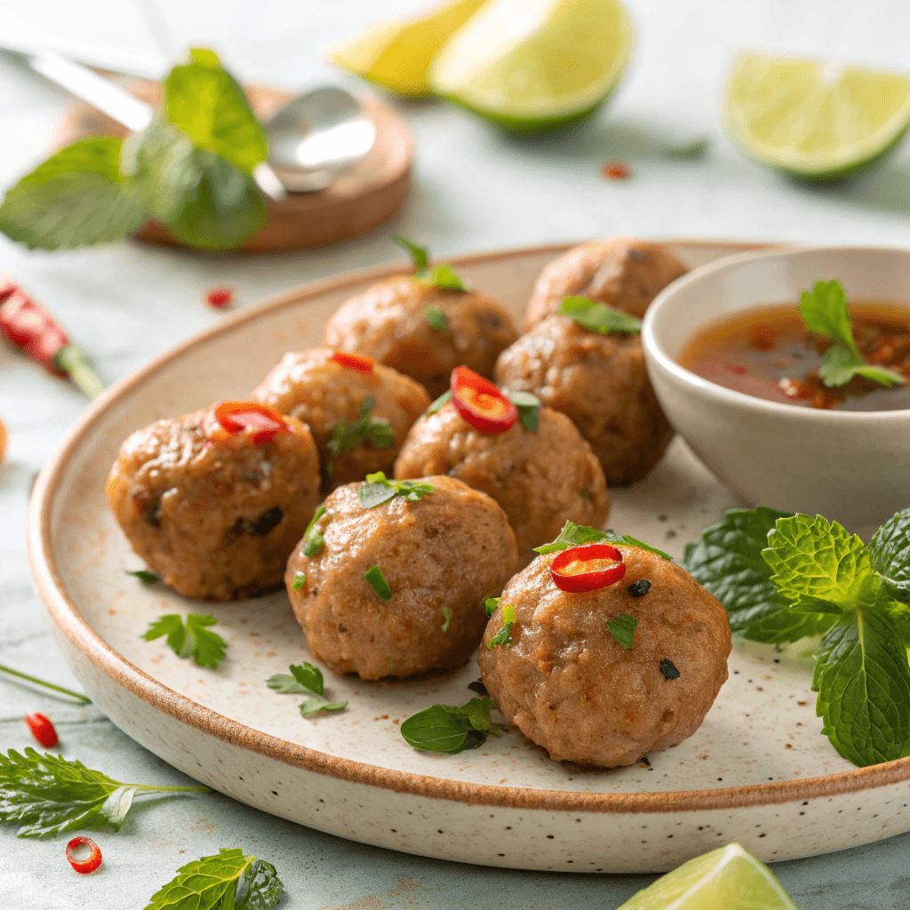Close-up of golden Thai chicken meatballs with mint, chili, and lime on a rustic white plate in bright natural lighting.