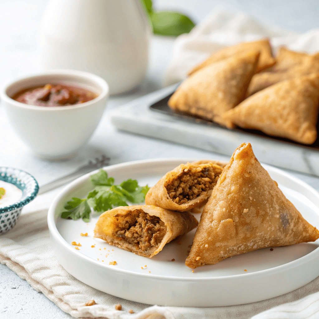 Crispy Keema Samosa Recipe: Easy Folding & Flavorful Filling 1 Crispy keema samosas arranged on a white plate with visible spiced meat filling.
