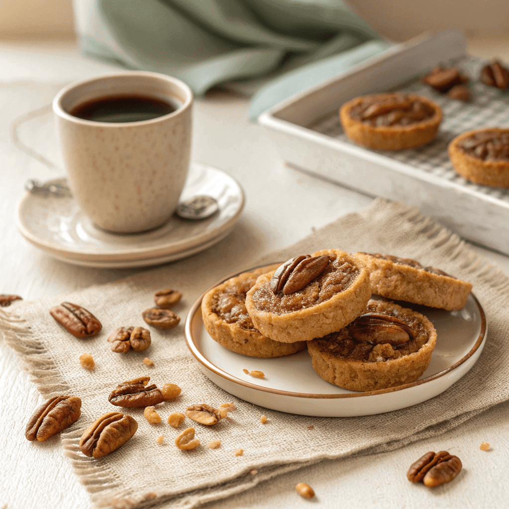 Delicious Pecan Pie Cookies: A Handheld Holiday Treat 4 Lifestyle serving shot of pecan pie cookies plated with a cup of coffee.