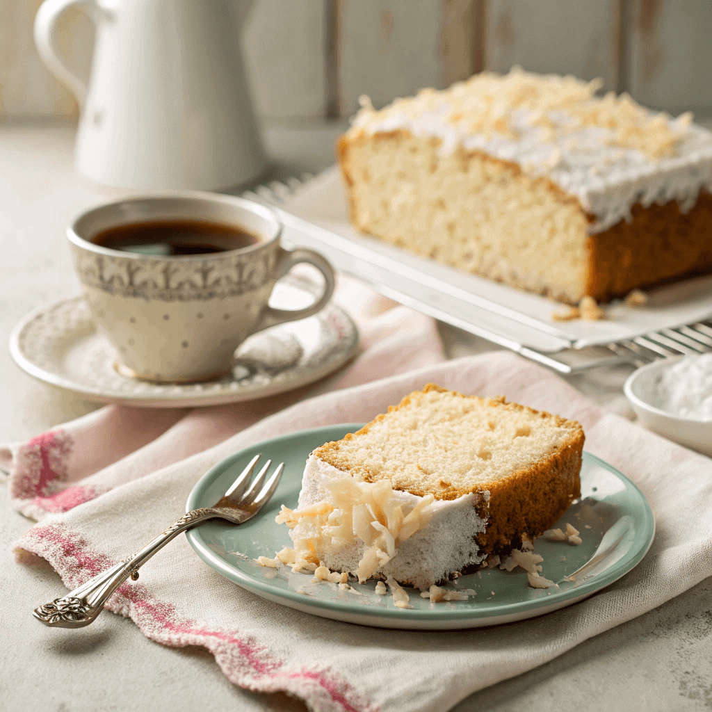 Slice of coconut loaf cake served on a plate with a cup of coffee.