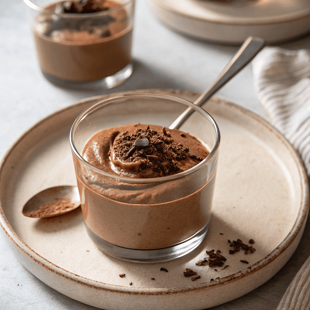 Close-up overhead shot of a vegan chocolate mousse in a glass cup with chocolate shavings and a smooth creamy texture.