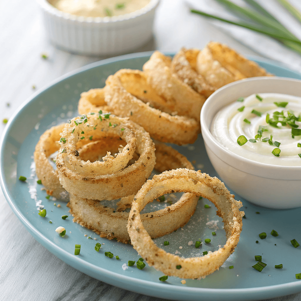 baked onion ring chips topped with chives and served with sour cream dip.