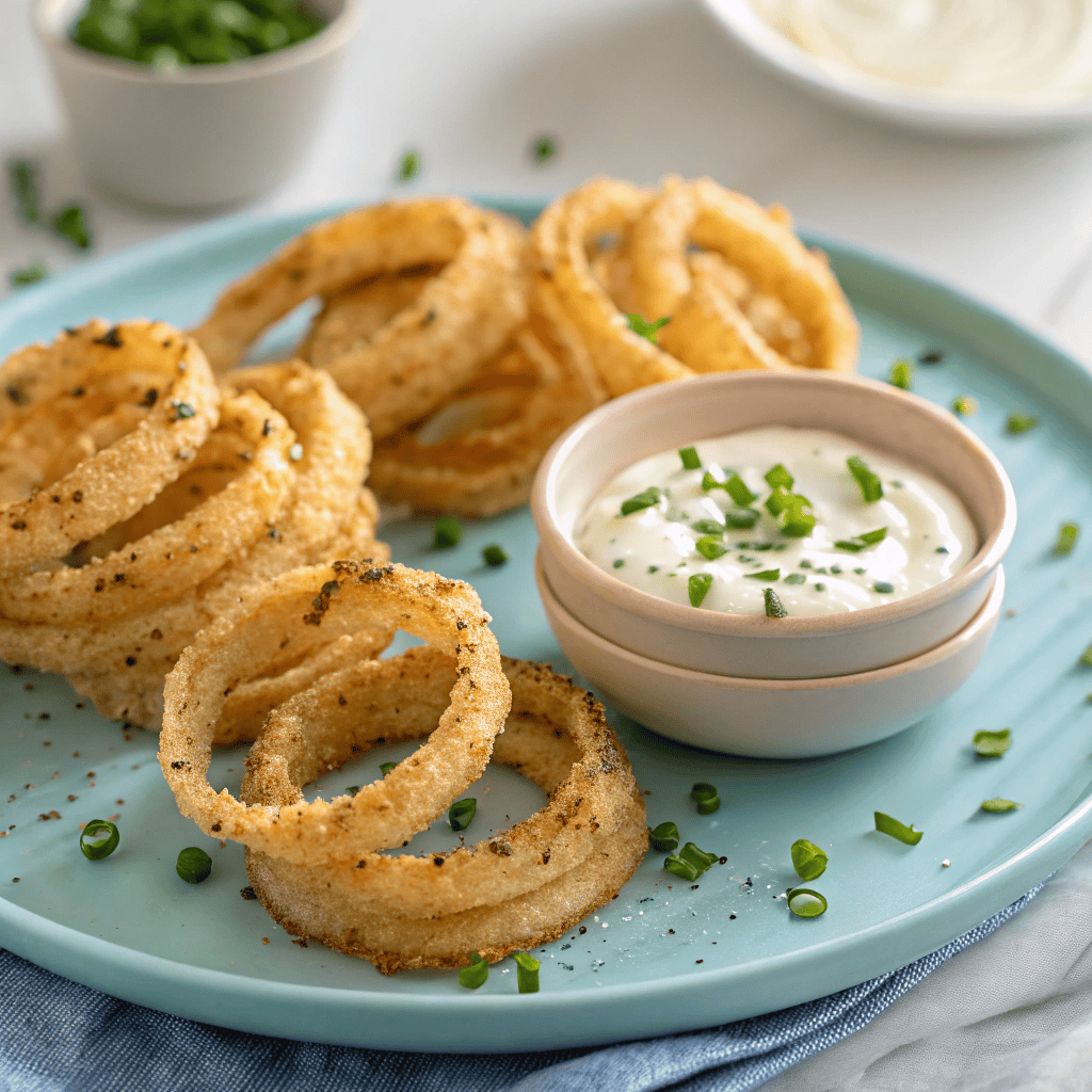 Close-up of baked onion ring chips with golden coating and chives served with sour cream dip.
