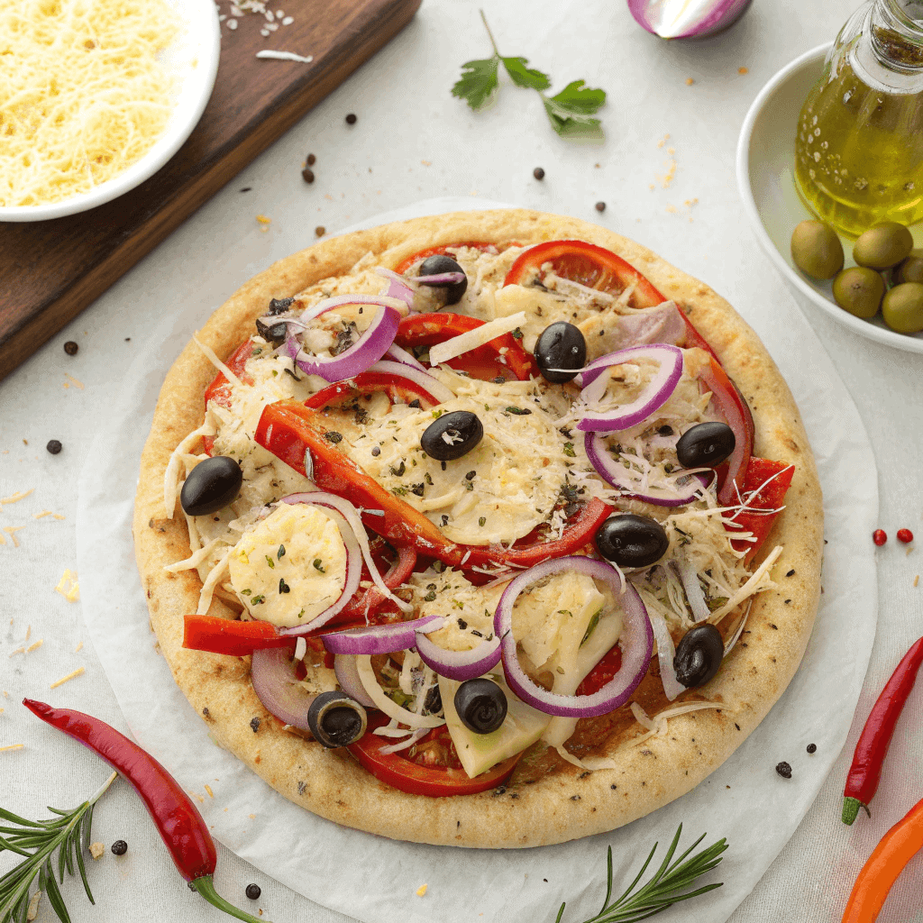 Pita Pizza Recipe – Quick, Easy 10-Minute Dinner 3 Unbaked pita pizzas topped with cheese and vegetables before going into the oven.