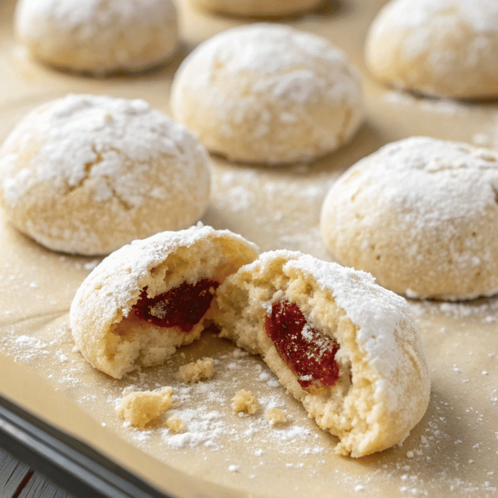 Close-up of freshly baked almond snowball cookies showing golden texture and jam center before powdered sugar is added.