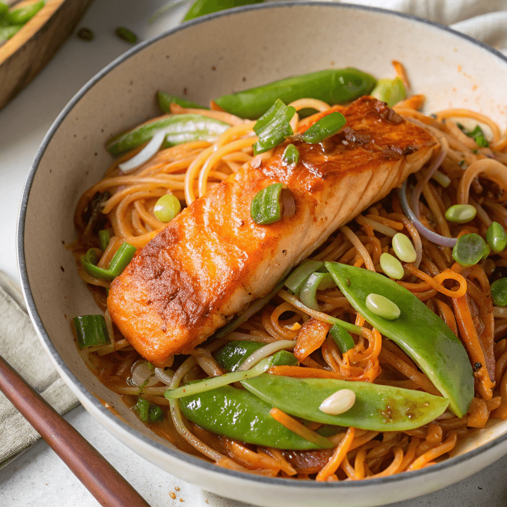 Close-up of chili-coated stir-fried noodles with vegetables before adding the salmon fillet.