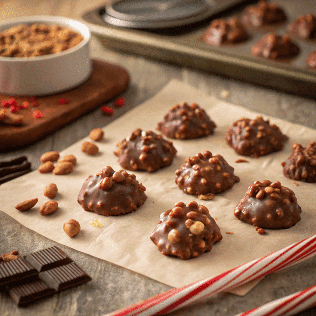 Freshly scooped chocolate crock pot candy clusters without sprinkles, showing glossy texture and nut-filled centers.