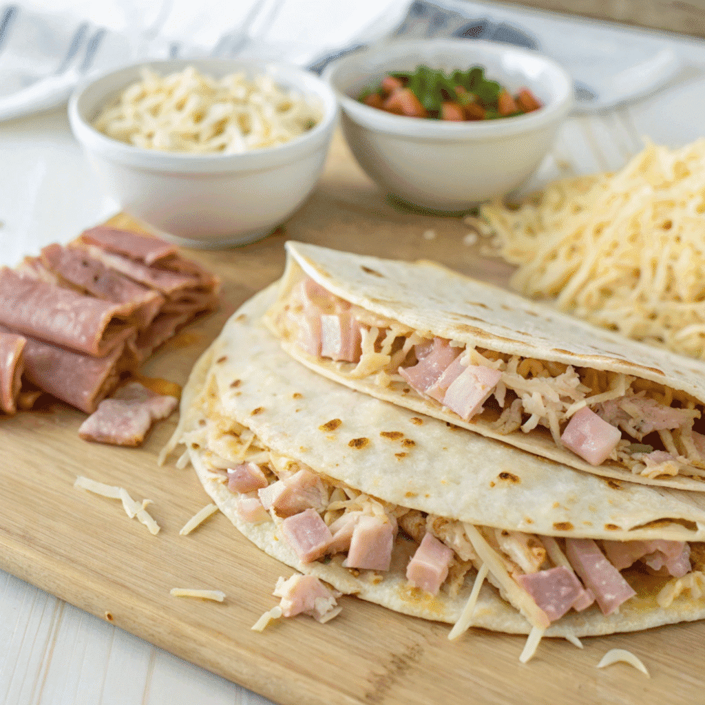 Close-up of the unmelted ham, cheese, and chicken layers inside a cordon bleu quesadilla for instructional guidance.