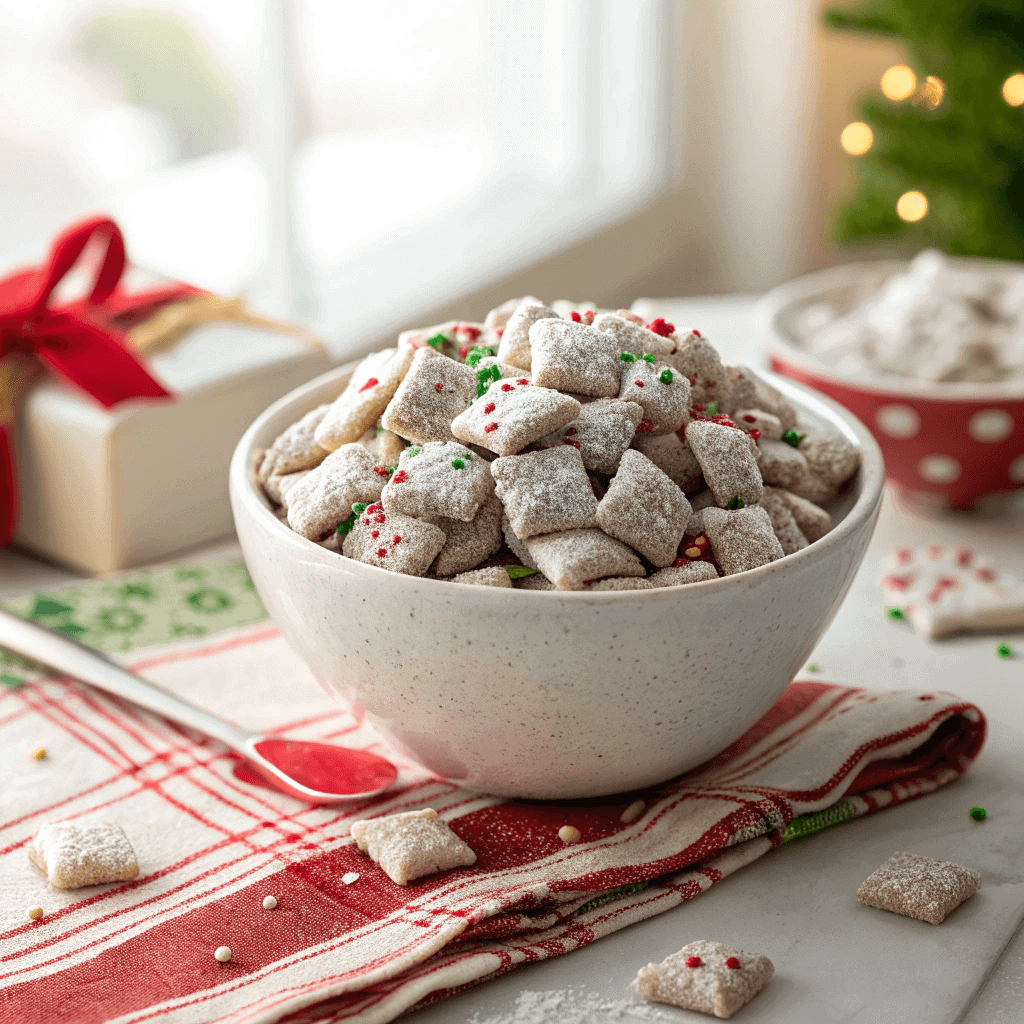 Festive Christmas Puppy Chow: The Ultimate Holiday Treat 5 Bowl of Christmas Puppy Chow covered in powdered sugar with red and green sprinkles.