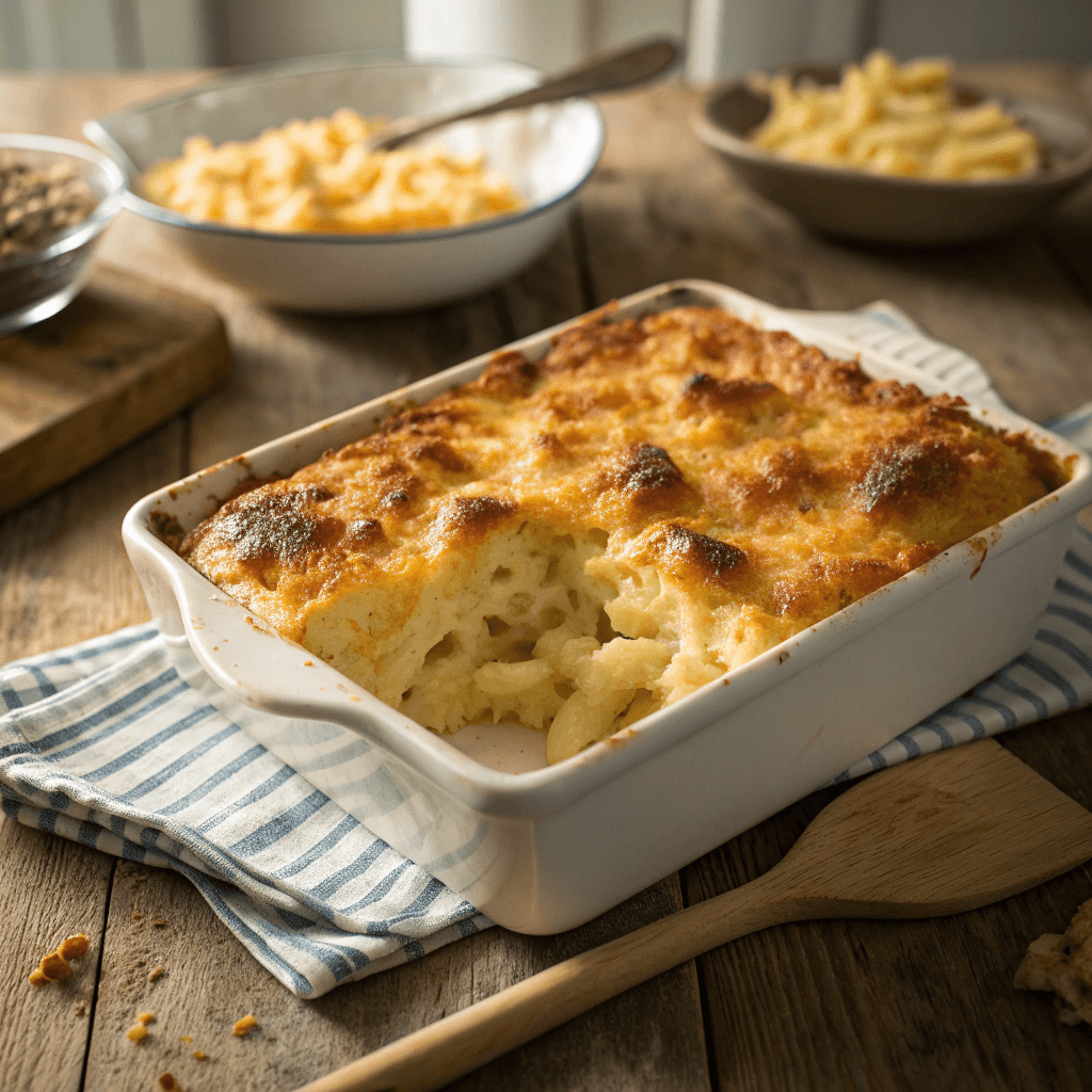 Classic Southern Baked Mac and Cheese Recipe 2 Golden Southern baked mac and cheese with a crispy cheese crust in a white casserole dish on a rustic wooden table.