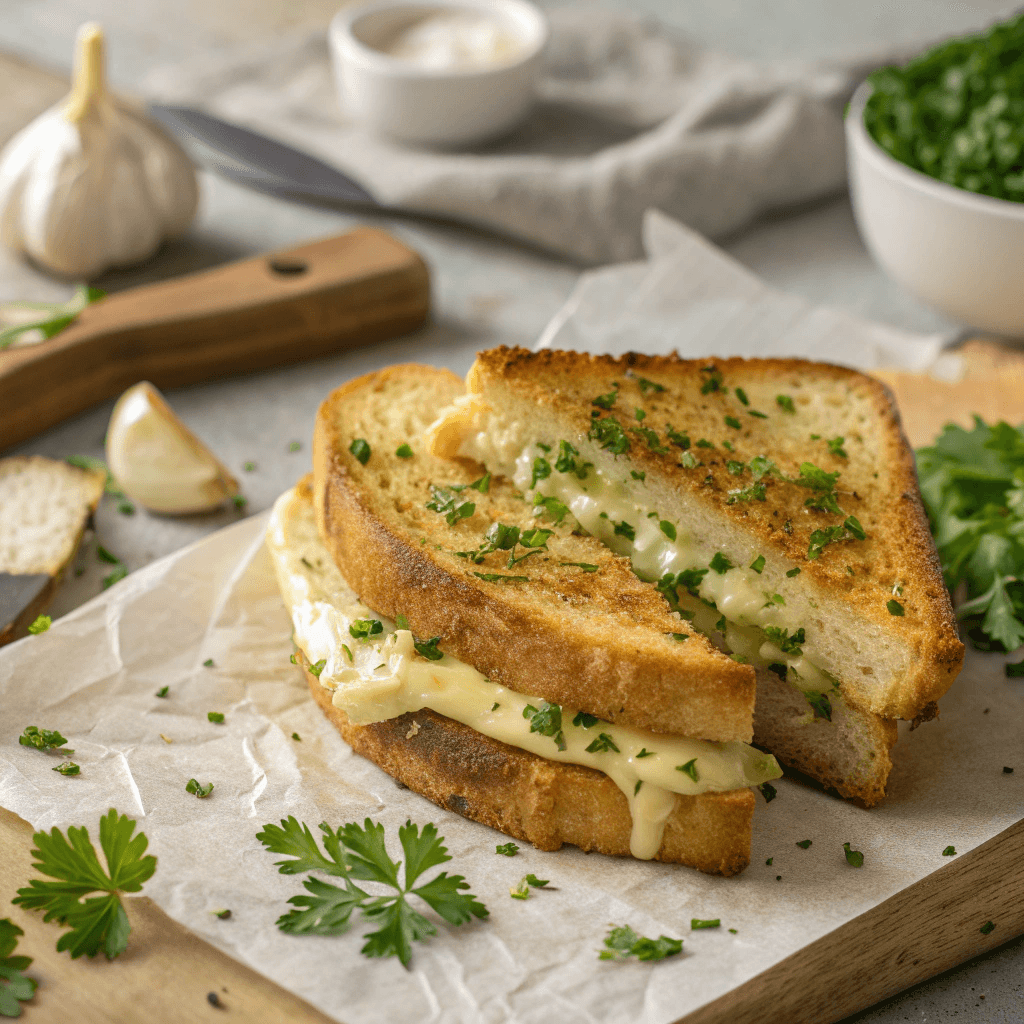 Delicious & Easy Chicken Garlic Sandwich Recipe 3 Hero image of a golden chicken garlic sandwich recipe with melted cheese and herb garlic topping.