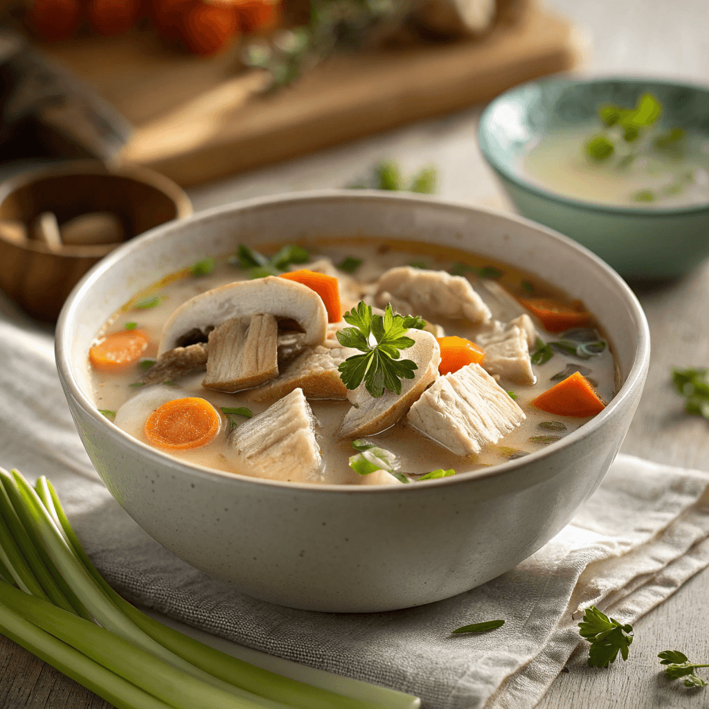 Hero shot of creamy chicken mushroom soup with vegetables and herbs.