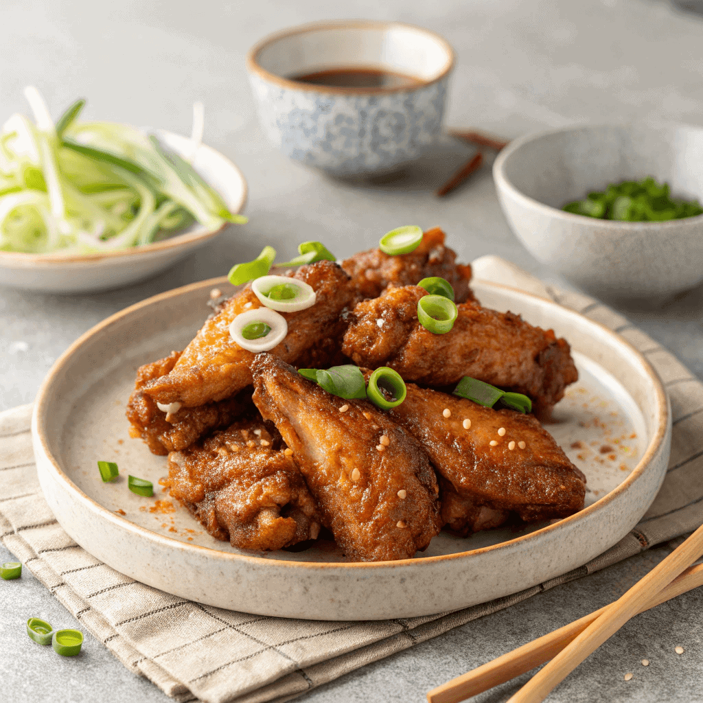 Hero shot of crispy Chinese chicken wings centered with golden skin and green onion garnish.