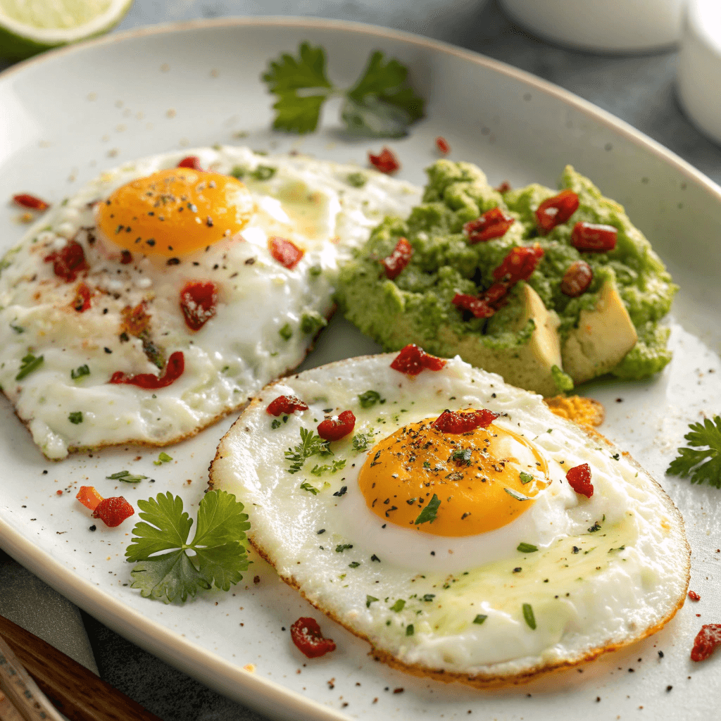 Hero shot of feta fried eggs with a crispy golden edge and avocado base.