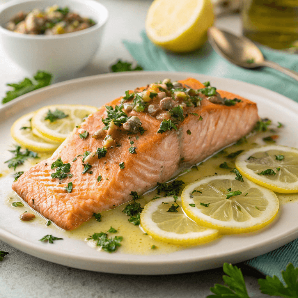 Hero shot of lemon garlic salmon piccata with capers, parsley, and lemon slices.