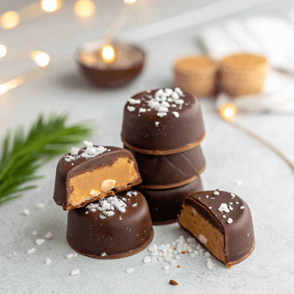 Delicious Peanut Butter Yogurt Bites: Easy, Healthy, & Satisfying 3 Hero image of chocolate-covered peanut butter yogurt bites topped with sea salt against a minimal background.