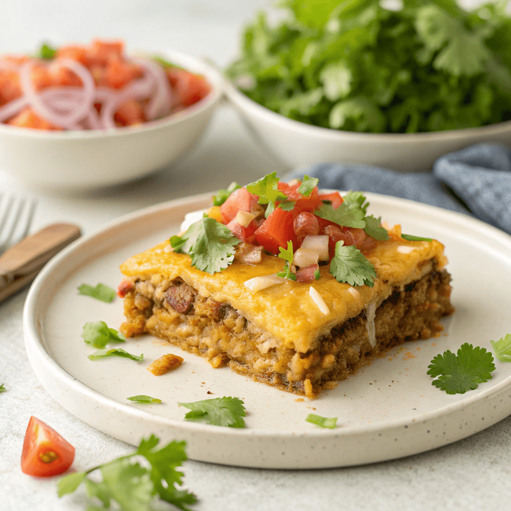 Hero shot of cheesy taco casserole with melted cheese and fresh taco toppings on a minimal background.