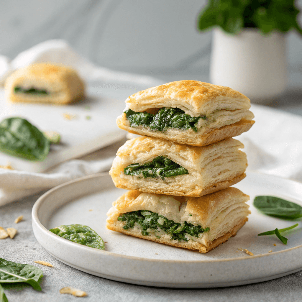 Hero image of cream cheese spinach puffs with golden pastry and creamy spinach filling against a minimal background.