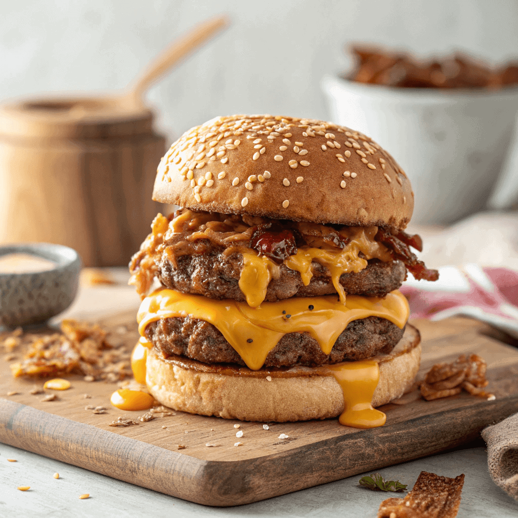 Irresistible Crack Burgers Recipe - the Best Burgers Ever ! 3 Hero image of a towering crack burger with melted cheese, bacon, and juicy patties against a minimal background.