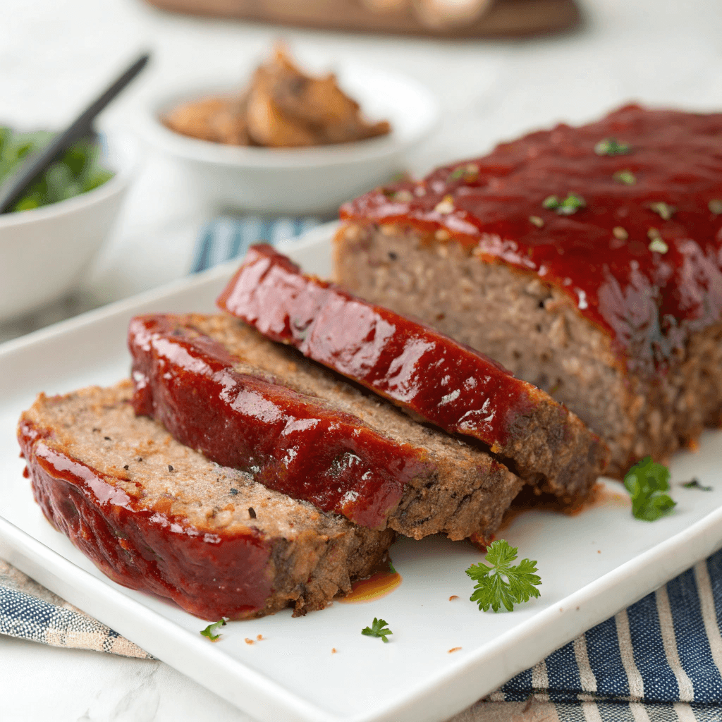 The Best Copycat Cracker Barrel Meatloaf Recipe 3 Hero image of sliced Cracker Barrel meatloaf with glossy ketchup glaze and minimal background.