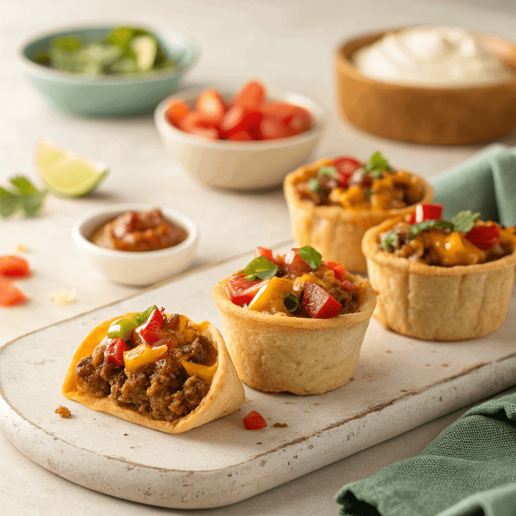 Hero shot of taco ranch bites with golden shells, melted cheese, and colorful toppings.