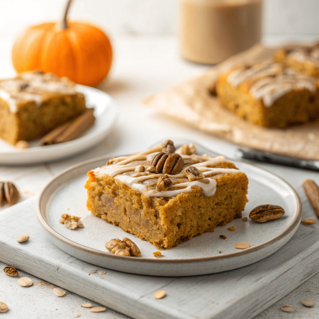 Baked Pumpkin Cream Cheese Oats: The Ultimate Cozy Fall Breakfast 3 Hero image of baked pumpkin cream cheese oats with icing and pecans, minimal background.