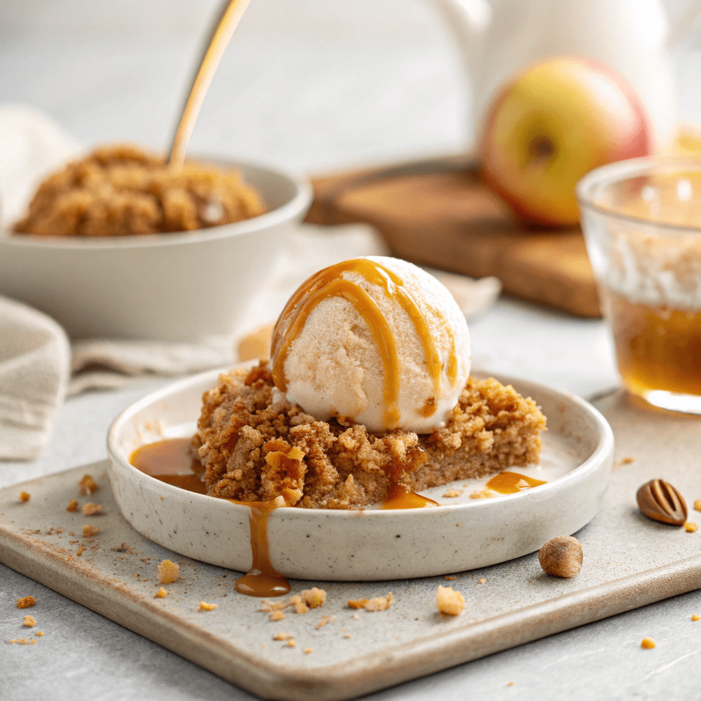 Hero shot of caramel apple crisp with melting vanilla ice cream and caramel drizzle, minimal background.
