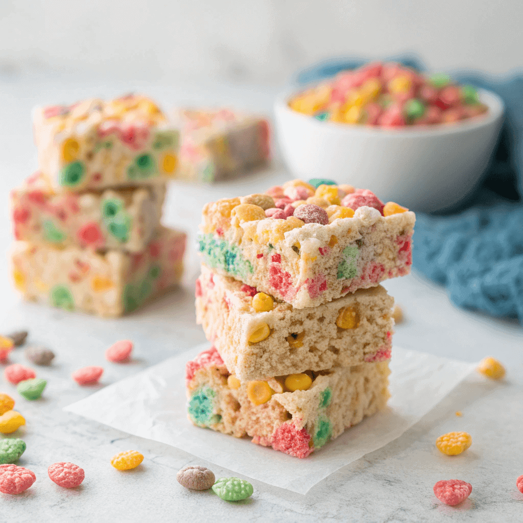 Hero image of colorful Trix Krispie Treats with minimal background and clear texture detail.