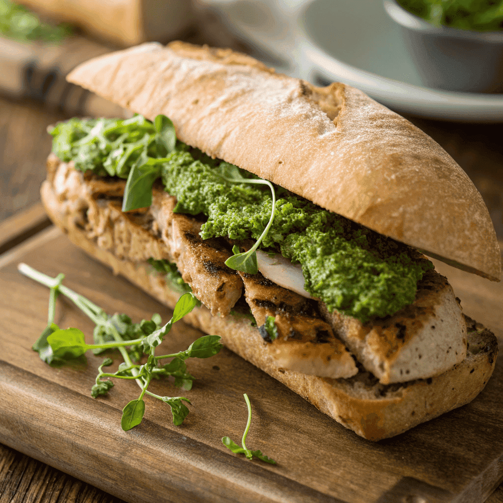 Hero shot of a chicken pesto ciabatta sandwich with grilled chicken and fresh microgreens.