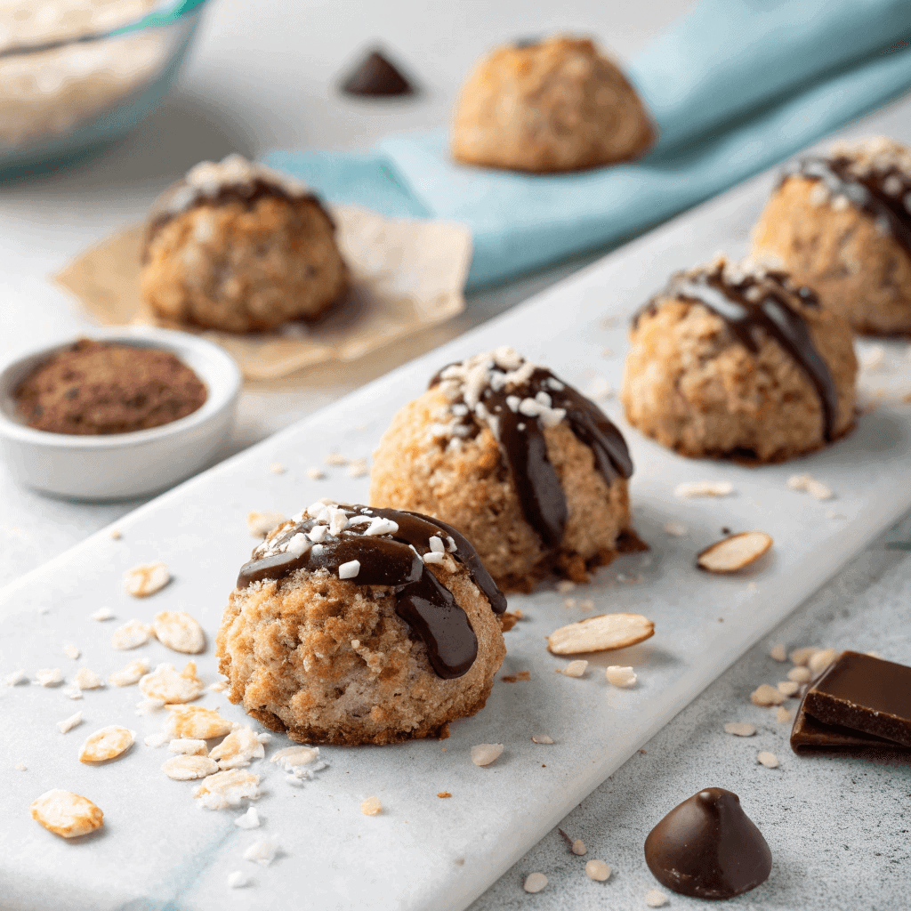 Hero image of oatmeal chocolate coconut macaroons centered with sharp detail and soft natural lighting.