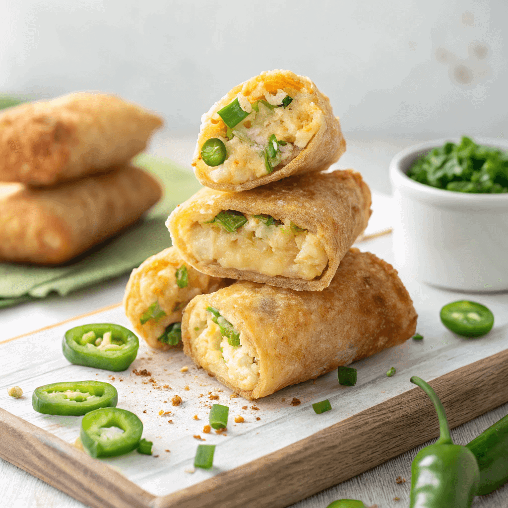 Featured hero shot of mini jalapeño popper egg rolls stacked with a cut-open roll showing the creamy filling.