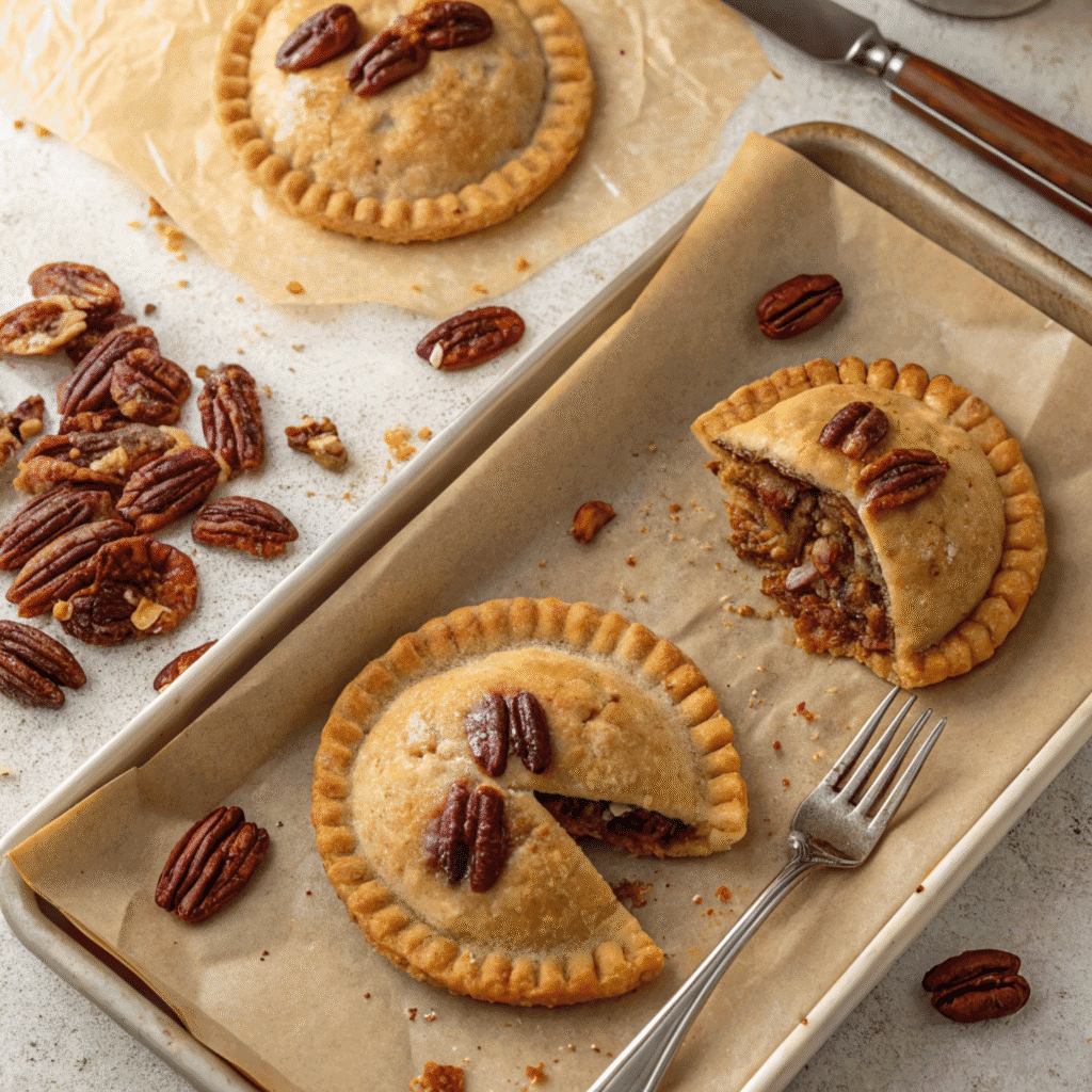Delicious Pecan Hand Pies: Your Easy Holiday Treat 3 Unglazed pecan hand pies on a baking sheet showing golden baked crust and pecan filling before sugar is added.
