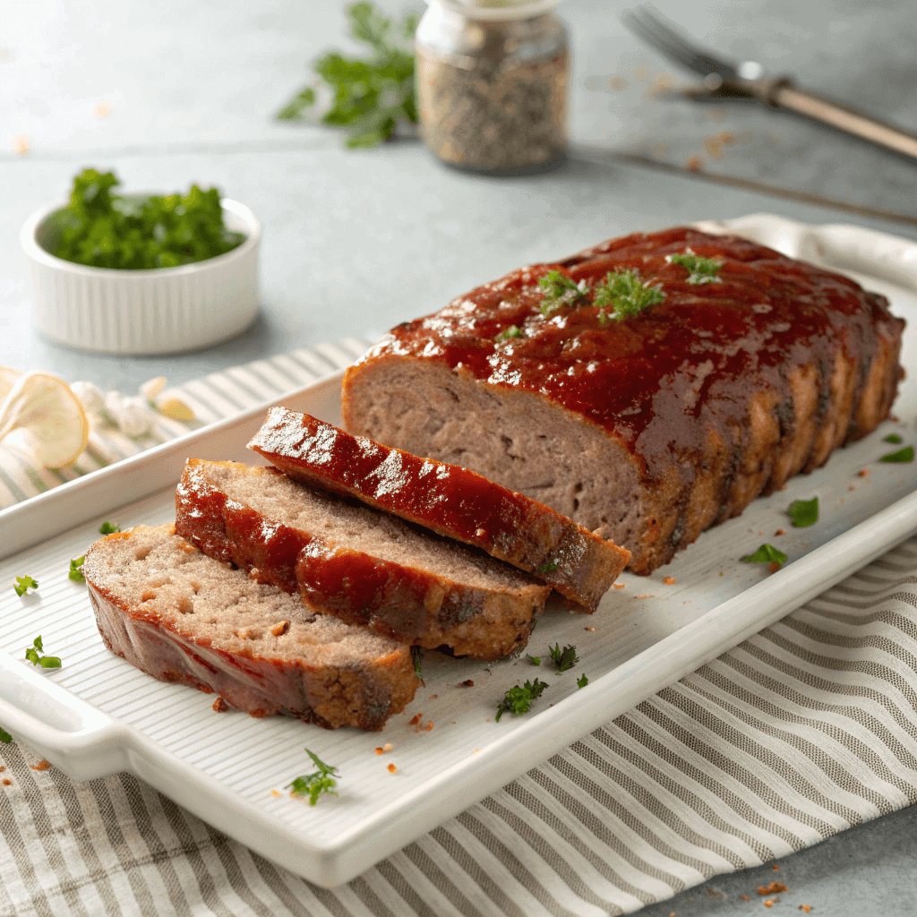 The Best Copycat Cracker Barrel Meatloaf Recipe 2 Sliced Cracker Barrel-style meatloaf topped with glossy ketchup glaze on a white ridged platter.