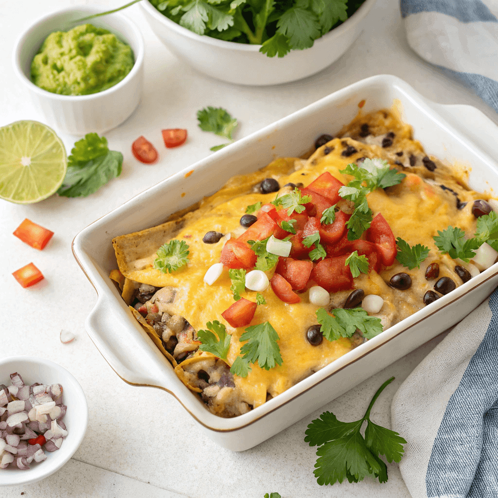 Cheesy taco casserole in a white baking dish topped with lettuce, tomatoes, onions, and black beans.
