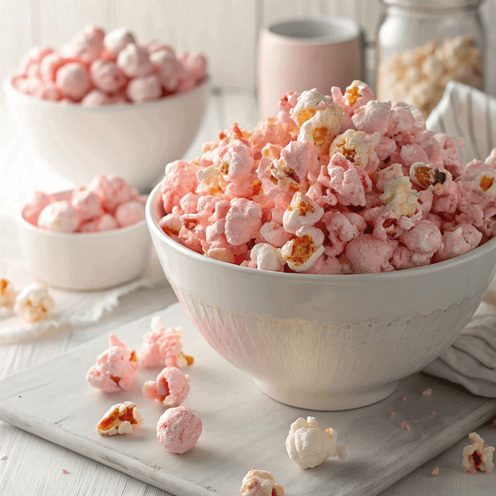 Old Fashioned Pink Popcorn: A Nostalgic, Crunchy Treat 3 Top-down view of a white bowl filled with pastel pink old fashioned popcorn with a glossy sugary coating.