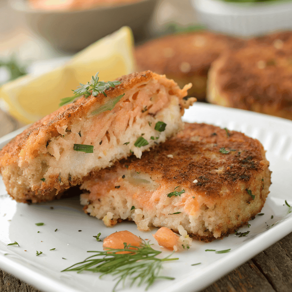 Macro close-up of salmon patty showing crispy browned crust and flaky salmon texture.