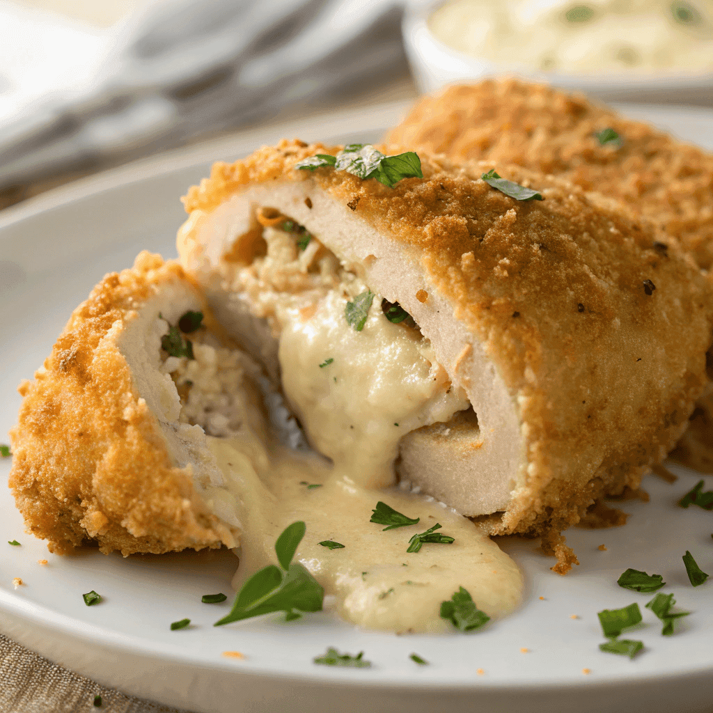 close-up of chicken pillow showing crispy breadcrumb crust and creamy chicken interior.