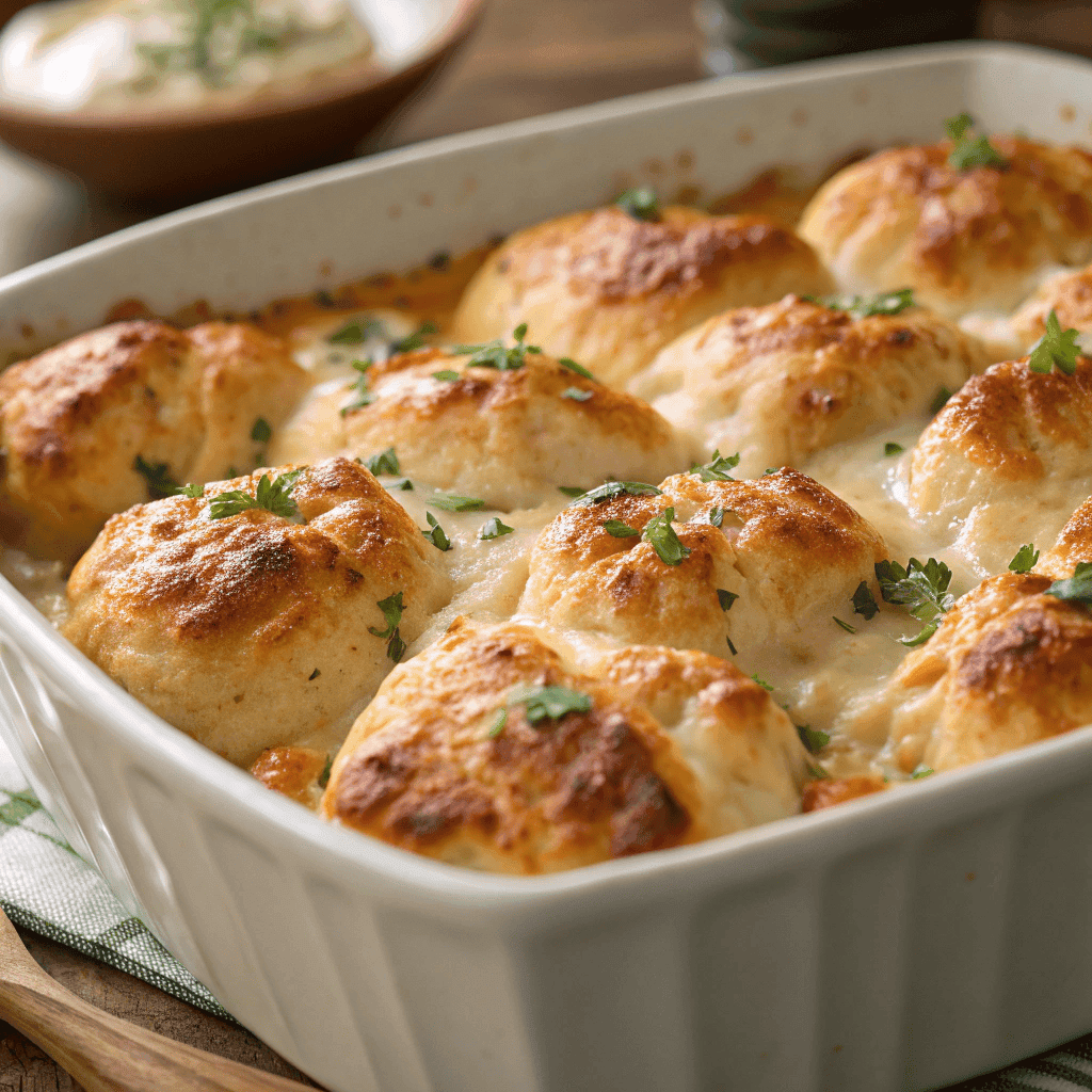 Macro shot of chicken bubble biscuit bake showing melted cheddar, biscuit texture, and creamy sauce.