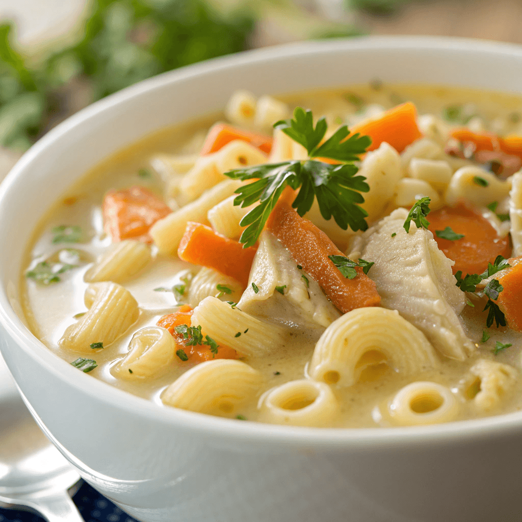 Creamy Macaroni Soup: The Ultimate Comfort Bowl 3 Close-up of creamy macaroni soup showing pasta, carrots, chicken, and parsley.