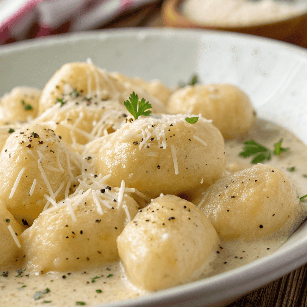 Millionaire Gnocchi with Creamy Sauce: An Indulgent & Easy Recipe 3 close-up of millionaire gnocchi showing creamy parmesan sauce texture and soft pillowy pasta.