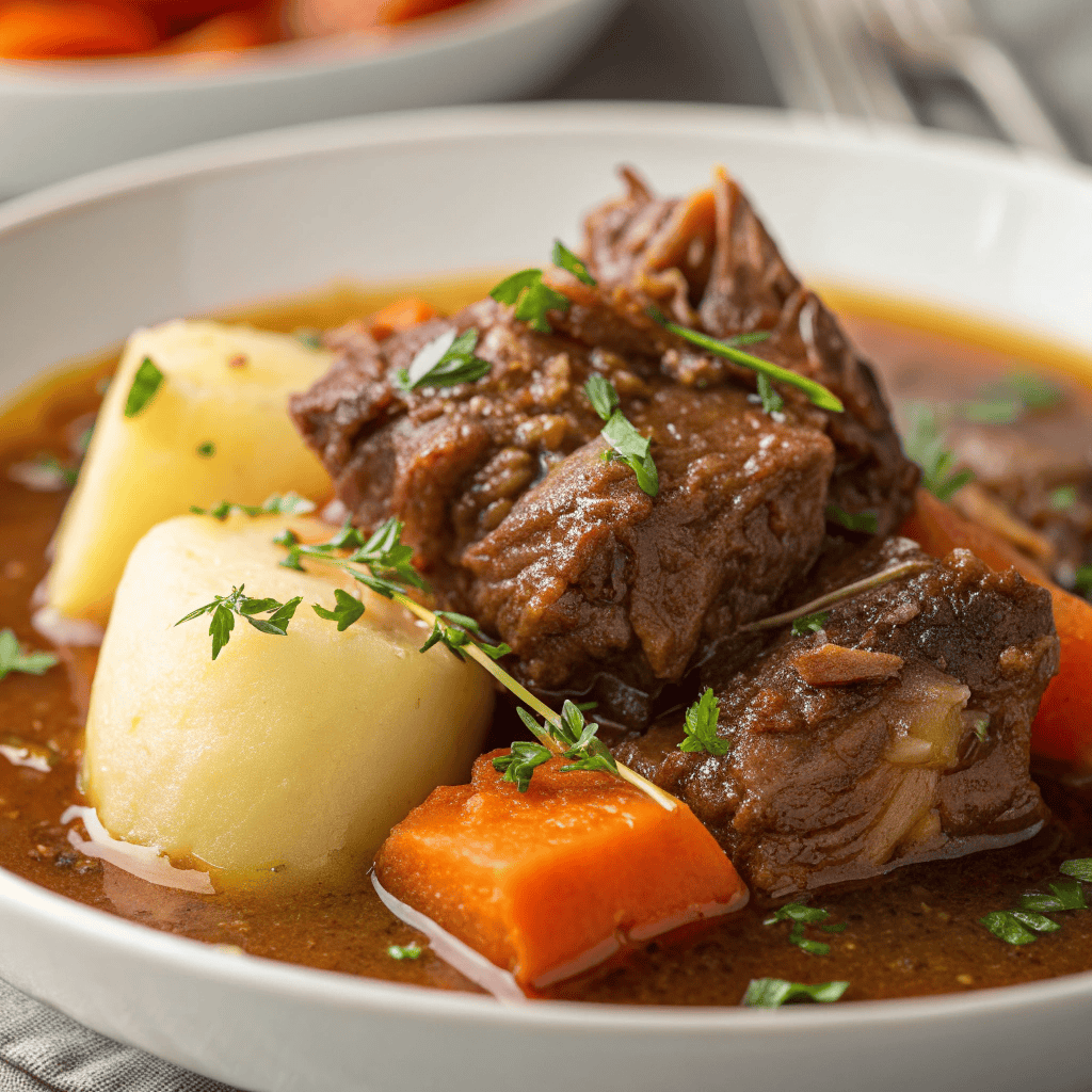 Oxtail Stew Recipe: Rich, Hearty & Fall-Off-the-Bone Tender 3 Macro close-up of oxtail stew showing tender oxtail meat, glossy broth, and vegetable texture.