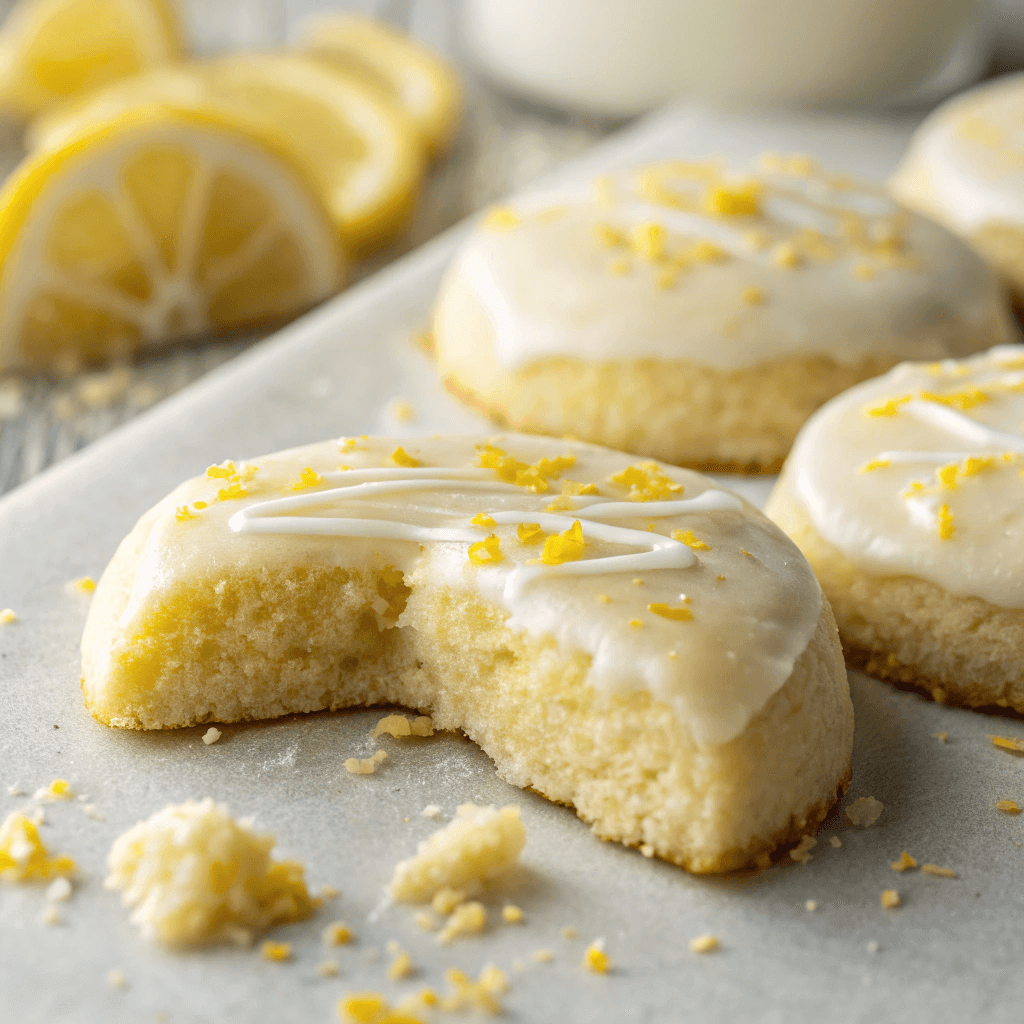 Macro close-up of a lemon meltaway cookie showing smooth icing, lemon zest, and soft cookie texture.