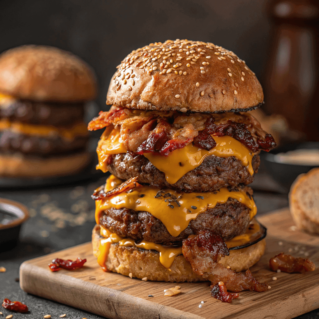 Irresistible Crack Burgers Recipe - the Best Burgers Ever ! 2 Close-up of a towering crack burger with multiple beef patties, bacon, and melted cheddar cheese dripping down the sides.