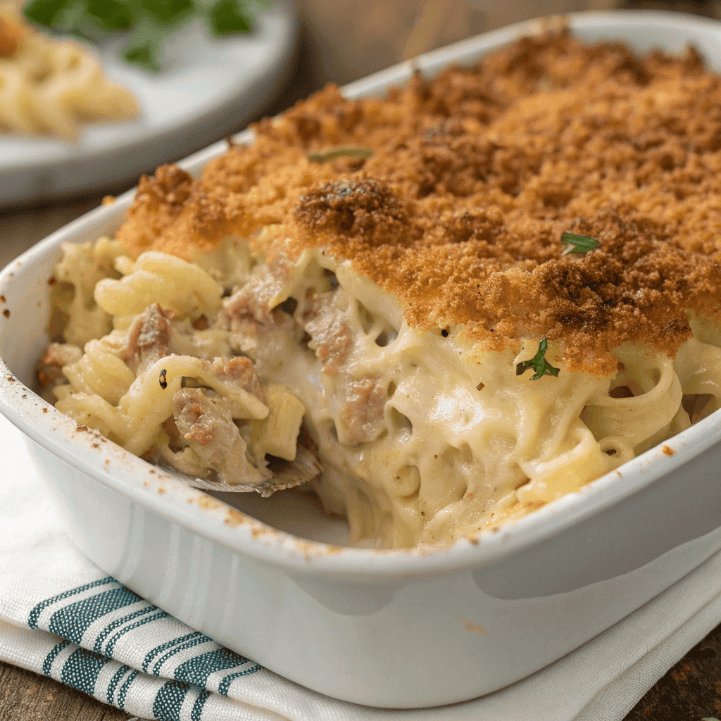 Extra-baked tuna casserole with a golden crispy breadcrumb topping and creamy noodle filling.