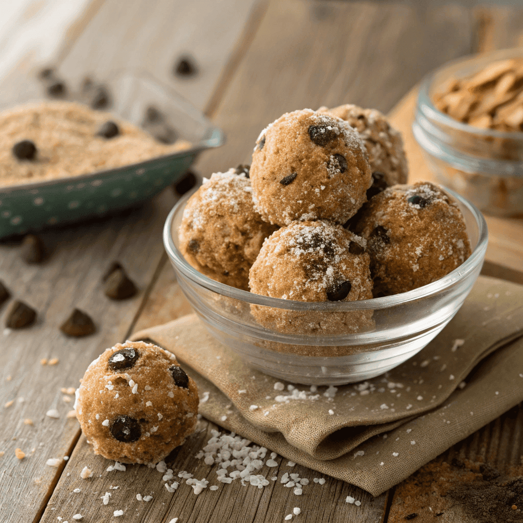 Close-up hero image of no-bake moose farts dessert bites coated in coconut, chocolate chips, and graham crumbs.