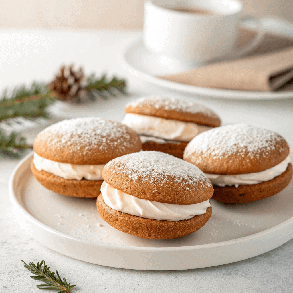 Delicious Gingerbread Whoopie Pies with Cream Cheese Filling 1 Gingerbread whoopie pies served on a white plate with creamy frosting and a dusting of powdered sugar.
