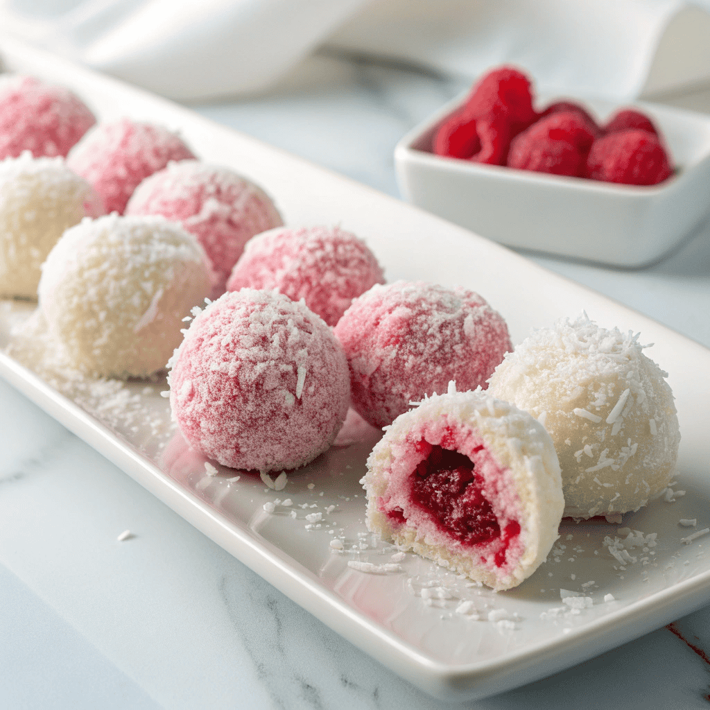 Raspberry coconut balls with shredded coconut coating arranged neatly on a white plate.