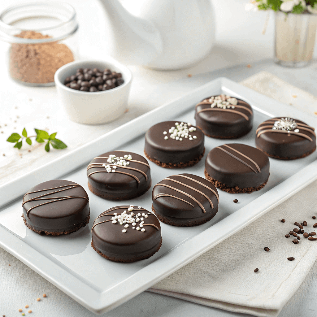 Easy Homemade Chocolate Covered Oreos 2 Centered arrangement of chocolate covered Oreos with minimal decorations on a clean white plate.