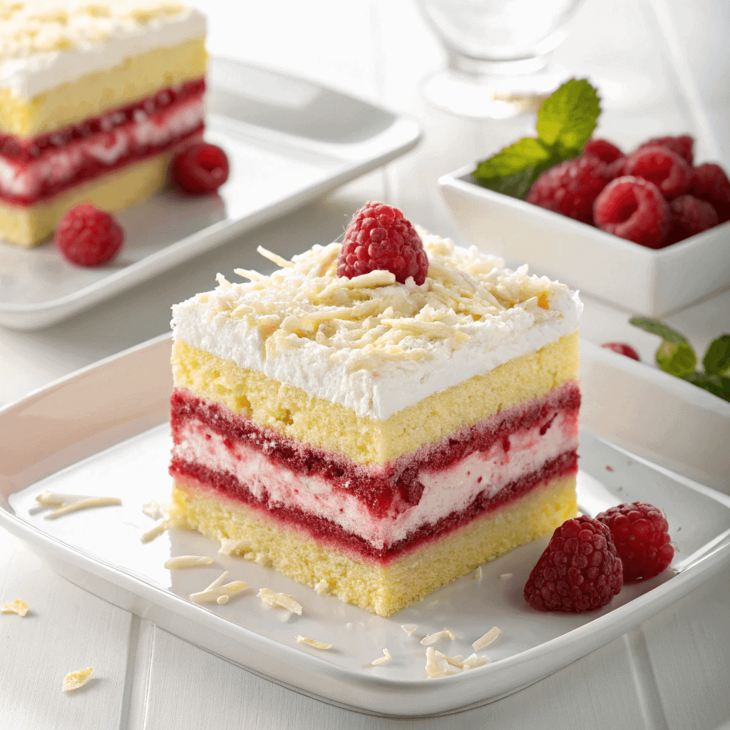 Square slice of layered raspberry zinger cake with whipped cream and fresh raspberries on a clean white plate.