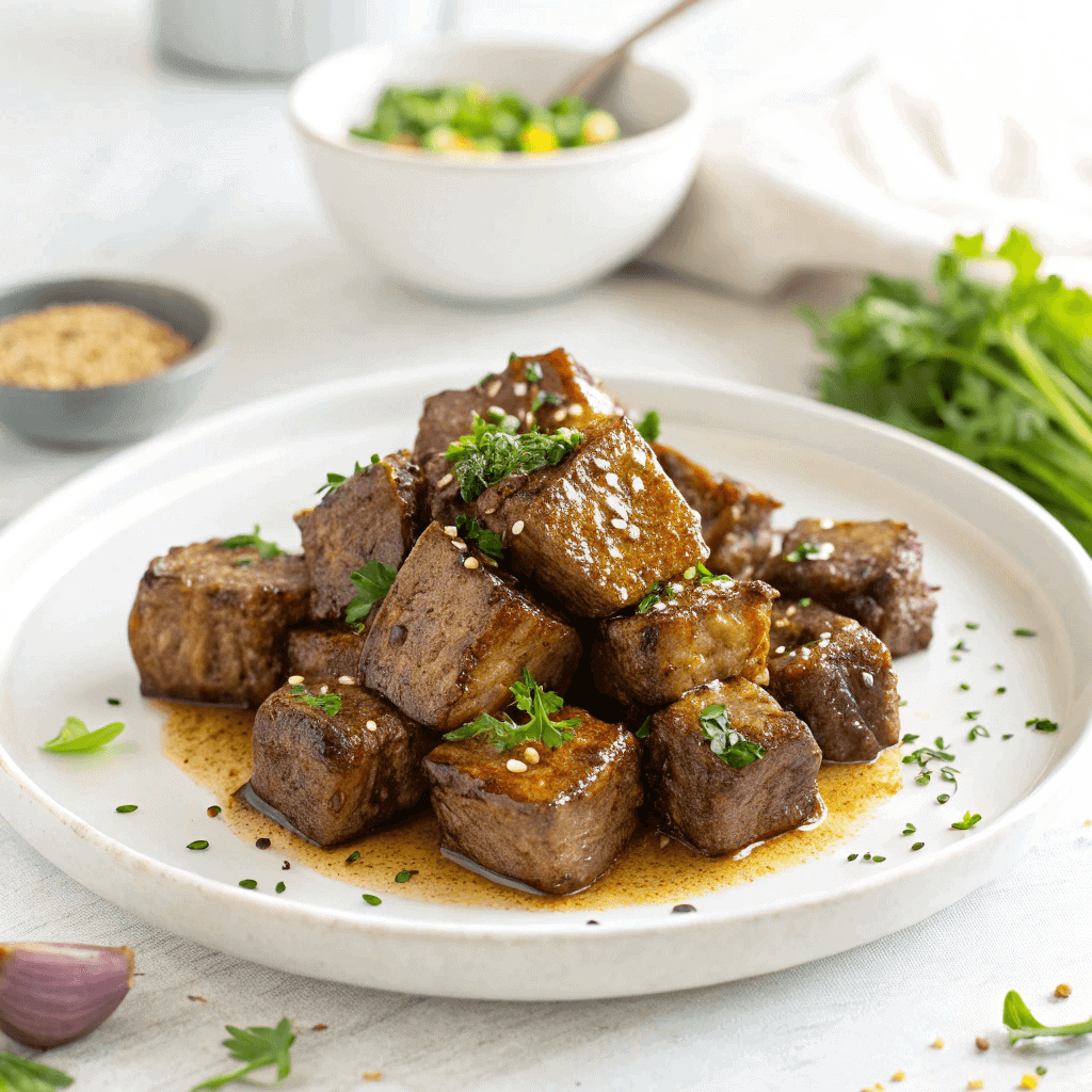 Easy Garlic Butter Steak Bites: Your Go-To Weeknight Meal 1 Garlic butter steak bites on a white plate with parsley and sesame seed garnish.